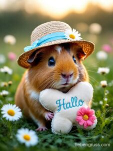 Meerschweinchen trägt Strohhut mit Blume und hält kleines Plüschkissen mit „Hallo“-Stickerei.