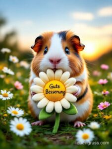 Meerschweinchen hält Sonnenblume mit „Gute Besserung“ in Grasland.