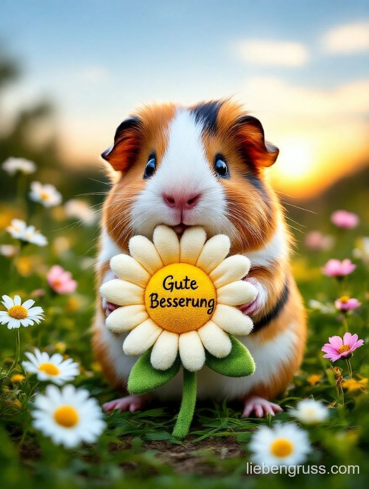 Meerschweinchen hält Sonnenblume mit „Gute Besserung“ in Grasland.