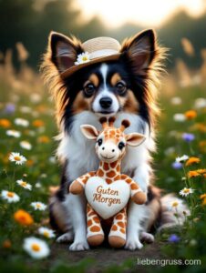 Flauschiger Hund im Gras hält Giraffentier mit Guten Morgen.