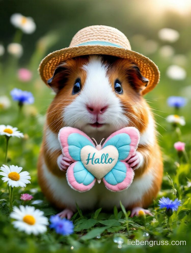 Meerschweinchen trägt Strohhut und hält bunten Schmetterling mit „Hallo“