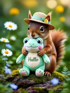 Eichhörnchen trägt Strohhut und hält grünen Frosch mit „Hallo“ auf moosigem Ast.