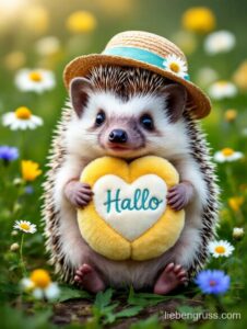 Igel trägt Strohhut mit Margerite und hält Herz mit „Hallo“ im Gras.