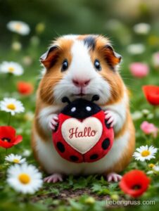 Meerschweinchen hält Marienkäfer mit Herz „Hallo“ umgeben von Blumen