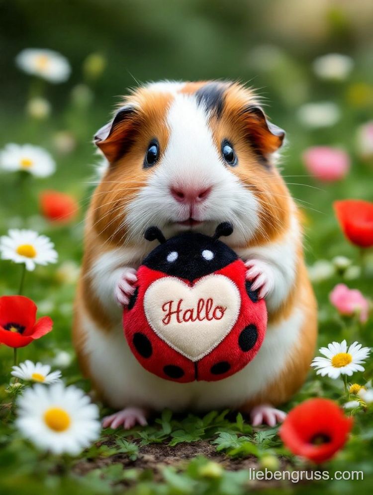 Meerschweinchen hält Marienkäfer mit Herz „Hallo“ umgeben von Blumen