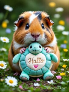 Guinea Pig hält grüne Schildkröte mit Herz und „Hallo“ im Gras.