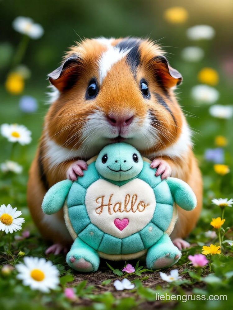 Guinea Pig hält grüne Schildkröte mit Herz und „Hallo“ im Gras.