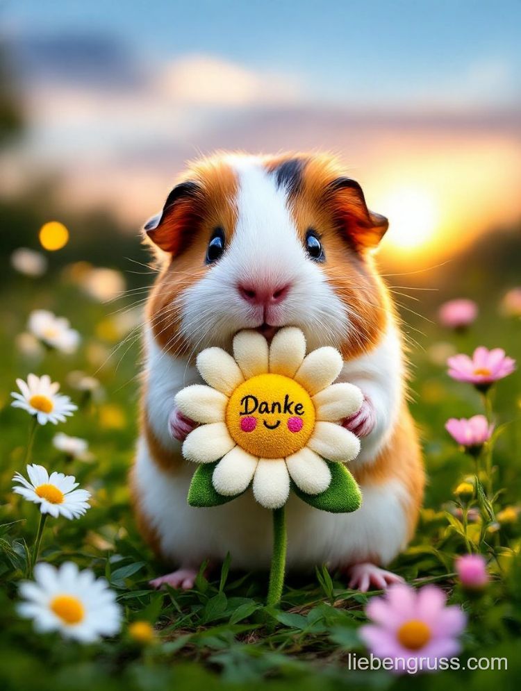 Flauschiges Meerschweinchen hält Sonnenblume mit „Danke“ im Gras.