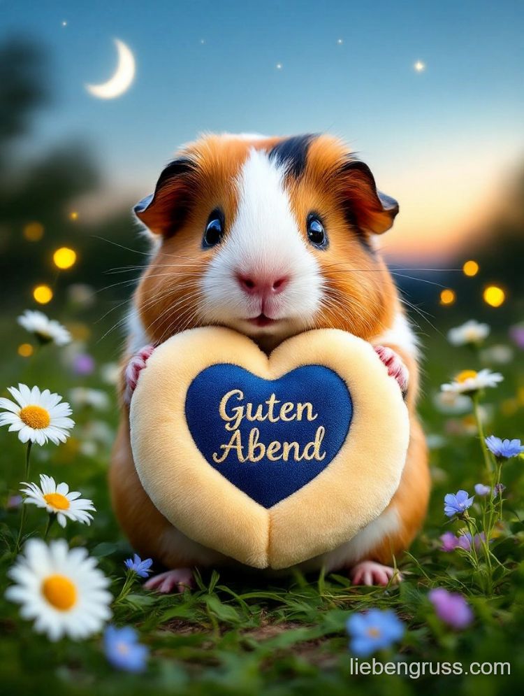 Meerschweinchen hält Herz-Kissen mit „Guten Abend“, sitzt im Gras unter Mond und Sternen.