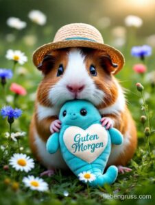Meerschweinchen mit Strohhut hält blau Herz-Kuscheltier, sitzt im Gras und blickt in die Kamera.