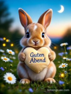 Kleiner brauner Hase hält „Guten Abend“-Herz, Gras, Mond, Blumen