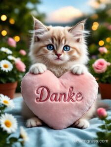 Flauschiges Kätzchen hält pinkes „Danke“-Herz in Pfoten.