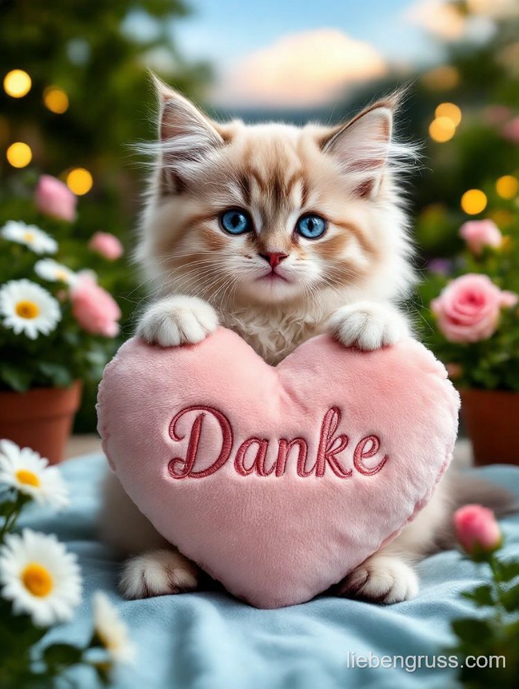 Flauschiges Kätzchen hält pinkes „Danke“-Herz in Pfoten.