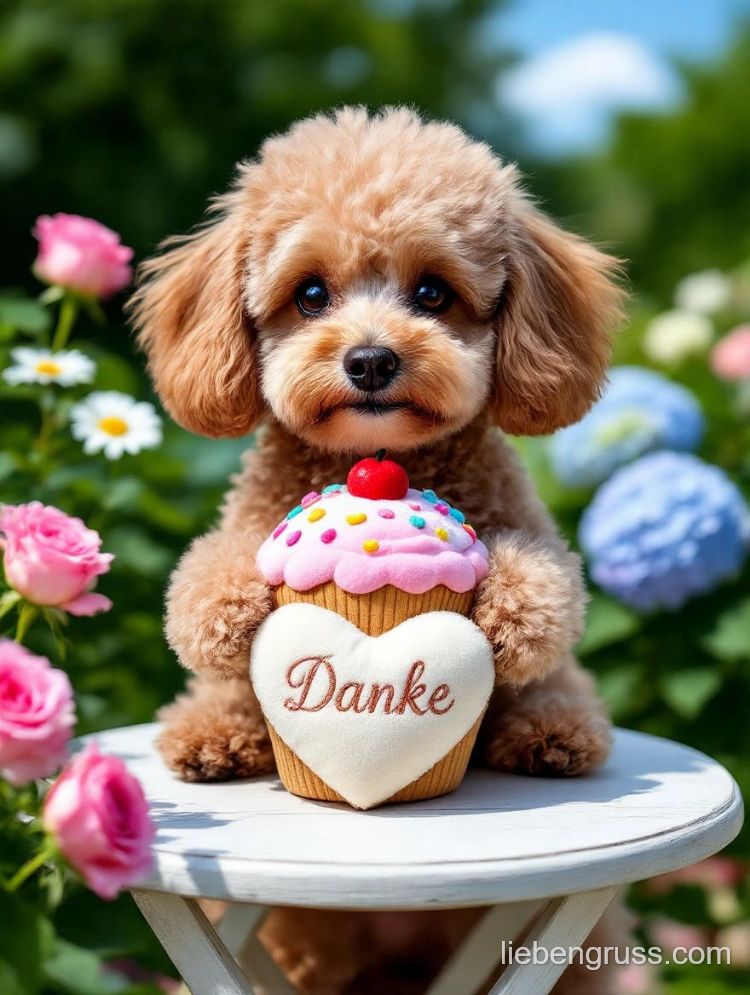 Flauschiger Pudel hält Keks mit „Danke“-Herz