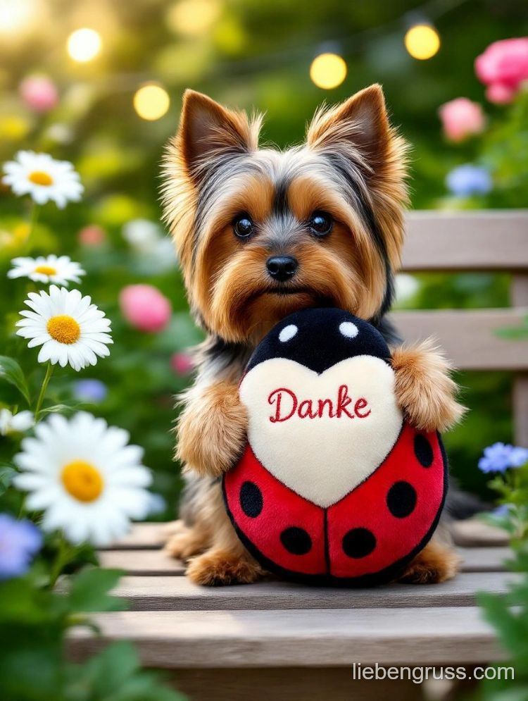 kleiner Yorkshire Terrier hält Plüschkäfer mit Herz „Danke“ vor Blumen