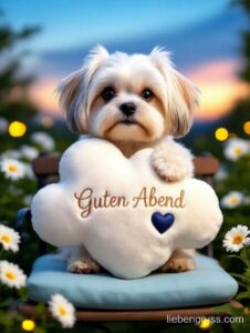 Flauschiger weißer Hund hält Kissen mit Herz und „Guten Abend“. Sonnenuntergang mit Blumen und Lichtern.