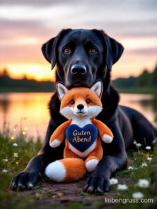 Schwarzer Hund hält Herz-Plüschtier bei Sonnenuntergang