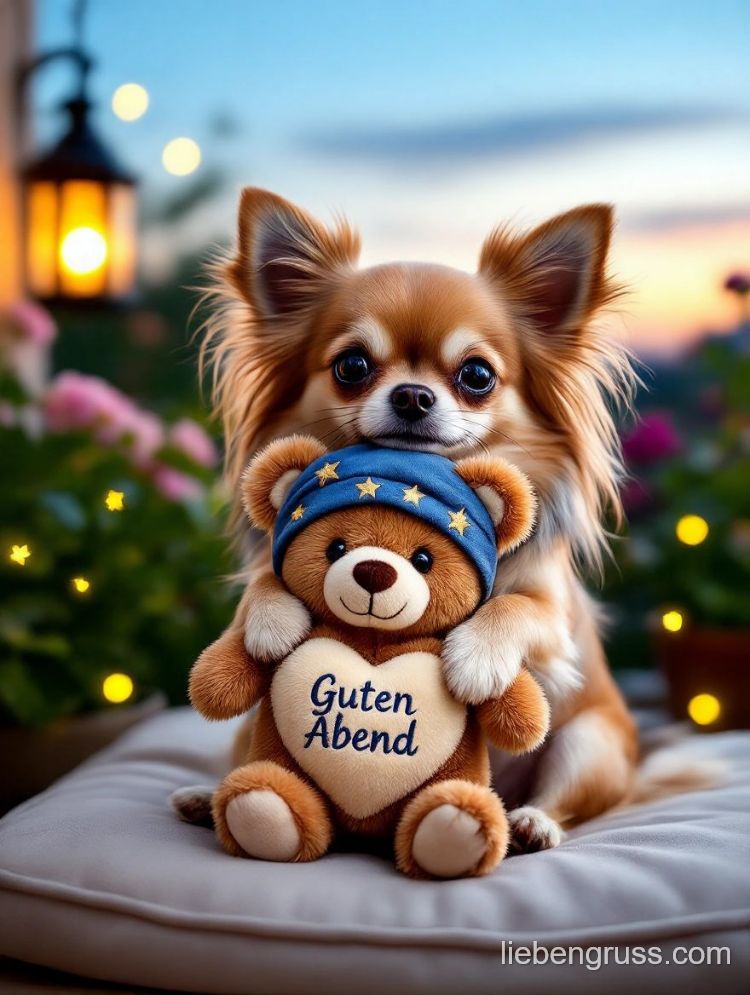 Kleiner Chihuahua hält Bär mit „Guten Abend“-Herz, blau-sterne-Mütze, abendlich warm beleuchtet.