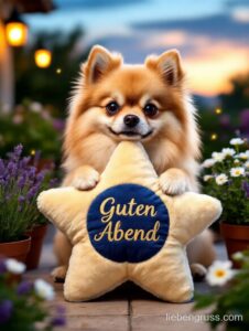 Flauschiger Pomeranian hält Sternkissen mit „Guten Abend“ auf Terrasse.