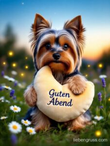 Yorkshire Terrier hält Herz mit „Guten Abend“ im Gras.