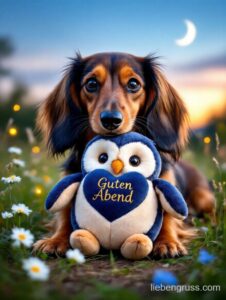 Langohriger Hund hält Plüsch-Eule mit „Guten Abend“-Herz. Mond über blauem Himmel und Wiese.