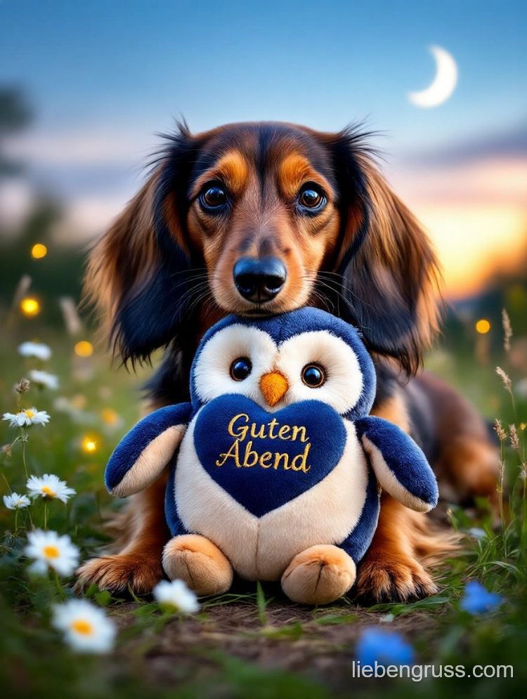 Langohriger Hund hält Plüsch-Eule mit „Guten Abend“-Herz. Mond über blauem Himmel und Wiese.