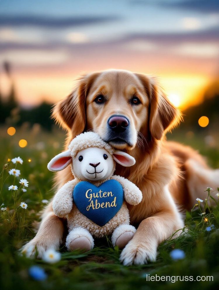 Goldener Retriever hält Schafplüsch mit „Guten Abend“-Herz