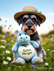 Kleiner Hund im Gras mit blauem Plüschtiere „Guten Morgen“