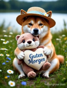Shiba-Inu mit Strohhut hält Plüschtier mit „Guten Morgen“-Herz.