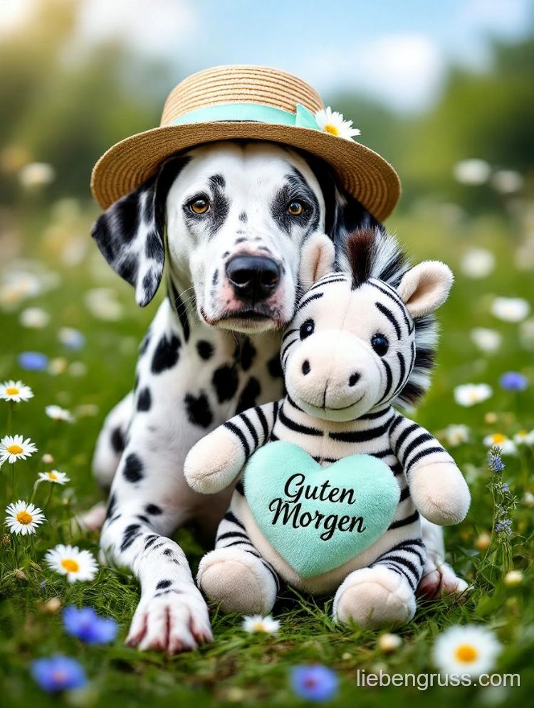 Dalmatiner im Gras neben Plüschtier-Zebra mit Herz „Guten Morgen“