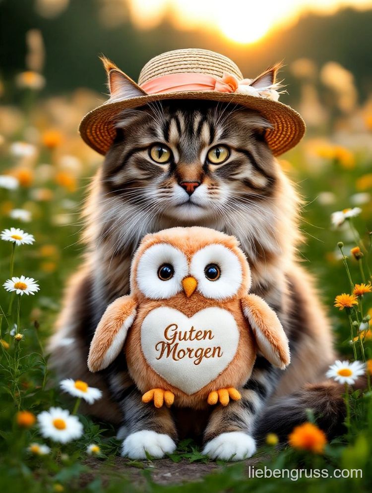 Flauschige Katze mit strohfarbener Mütze hält Eulenplüschtier mit „Guten Morgen“-Aufnäher.