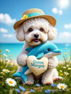 Kleiner weißer Hund mit Hut hält Delfin-Spielzeug mit „Guten Morgen“. Sonniger Strand im Hintergrund.
