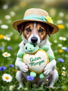 Hund trägt Strohhut, hält Schildkröte mit „Guten Morgen“ auf Herz.