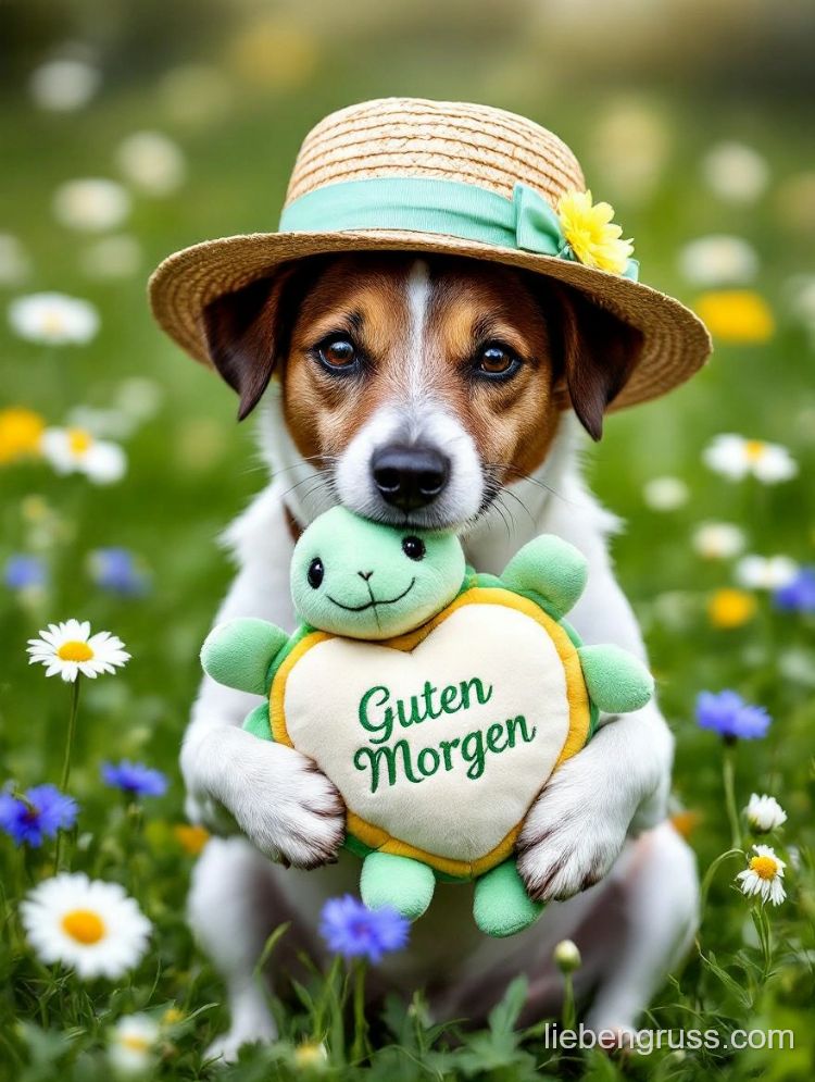 Hund trägt Strohhut, hält Schildkröte mit „Guten Morgen“ auf Herz.
