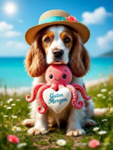 Kleiner Hund sitzt im Gras mit pinkem Oktopus-Spielzeug mit „Guten Morgen“.