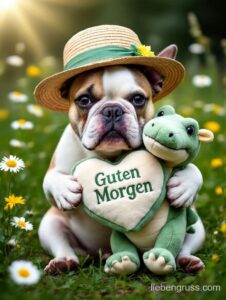 Französische Bulldogge mit Strohhut hält „Guten Morgen“-Herz an Plüschtier.