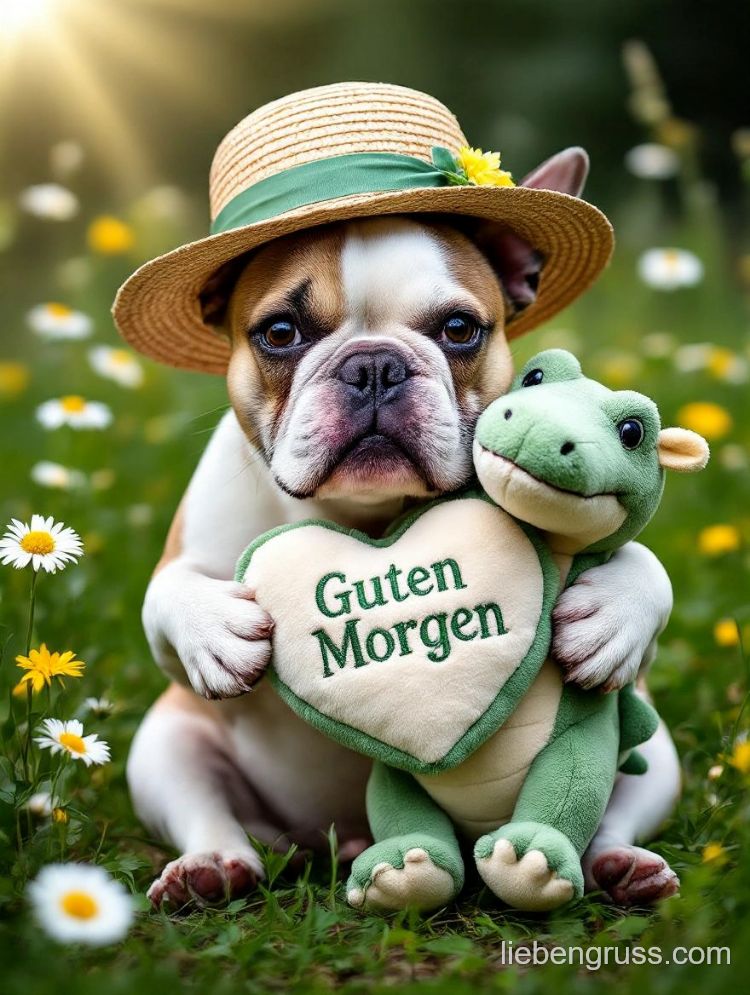Französische Bulldogge mit Strohhut hält „Guten Morgen“-Herz an Plüschtier.