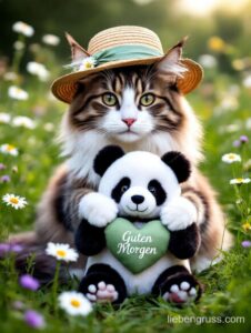 Langhaarige Katze mit Strohhut hält Plüschpanda mit „Guten Morgen“-Herz.