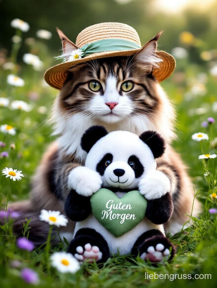 Langhaarige Katze mit Strohhut hält Plüschpanda mit „Guten Morgen“-Herz.