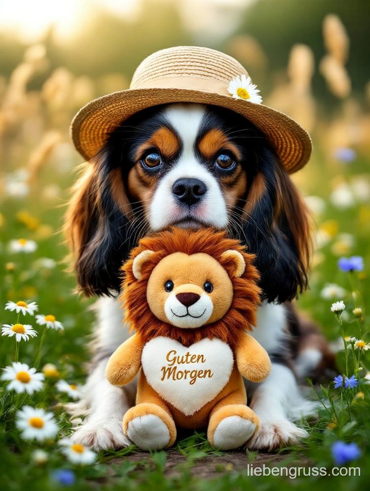 Cavalier-Spaniel mit Strohhut und Löwen-Plüschtier „Guten Morgen“