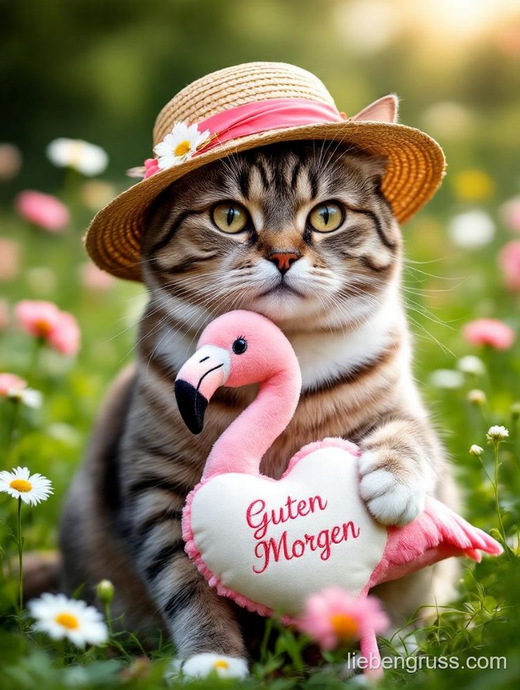 Streifkatze mit Blumenhut hält pinkes Flamingo-Spielzeug mit „Guten Morgen“