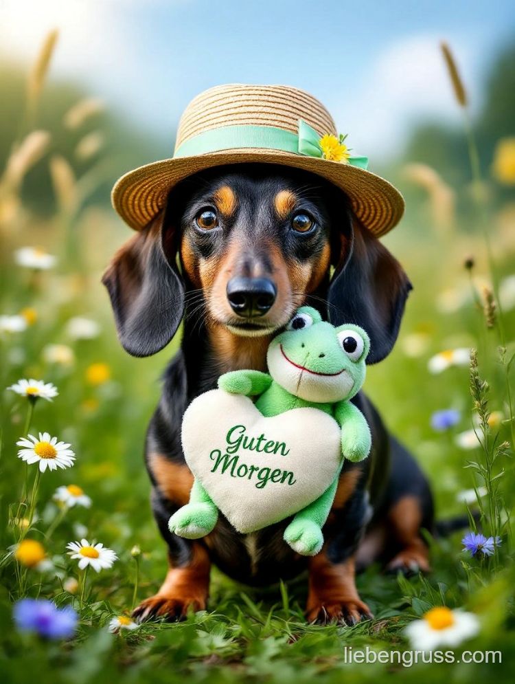 Dackel trägt Strohhut mit Blume und hält grünen Frosch mit „Guten Morgen“-Herz.