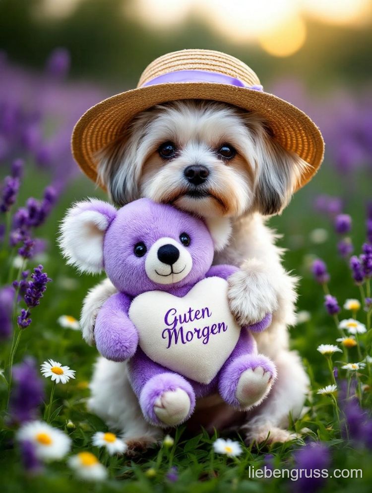 Flauschiger Hund trägt Strohhut und hält lila Teddy mit „Guten Morgen“-Herz.