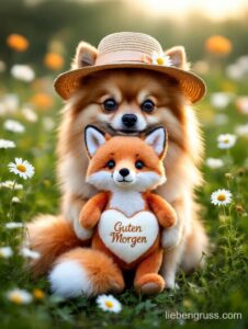 Flauschiger Pomeranian trägt Hut mit Blume und hält Plüsch-Fuchs mit „Guten Morgen“ Herz.