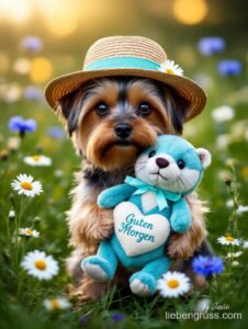 Kleiner Hund mit Strohhut und Bärenspielzeug auf Blumenwiese