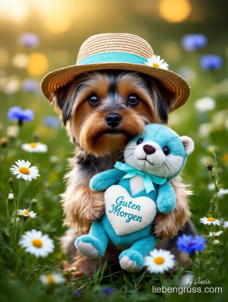 Kleiner Hund mit Strohhut und Bärenspielzeug auf Blumenwiese