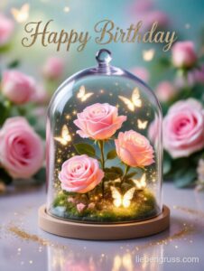 Glaskrug mit rosa Rosen und fliegenden Schmetterlingen unter Sternenlicht. „Happy Birthday“ geschrieben.
