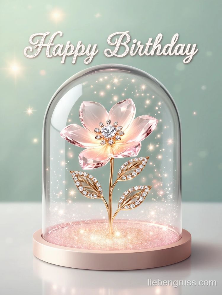 Geburtstagsschale mit rosafarbener Kristallblume und „Happy Birthday“
