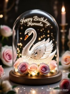 Weißer Schwan in glänzender Glasschale mit Rosen und Geburtstagsgruß.