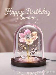 Gläserne Vase mit pinker Blume, festliches Licht, Geburtstagsschild Simone